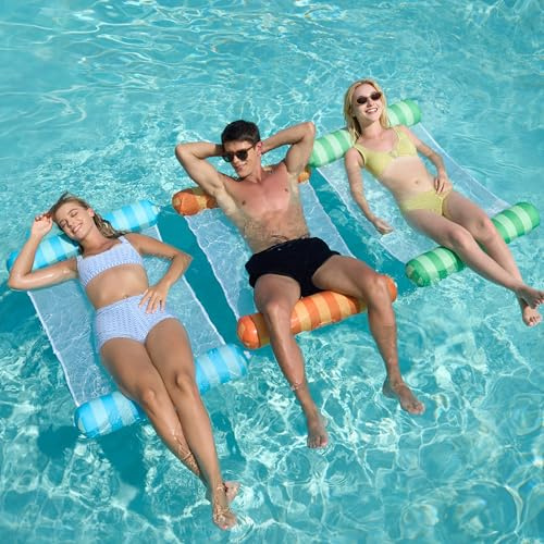 Sloosh 3 Pack Multi Purpose Swimming Pool Hammock, Inflatable Pool Floats for Outdoor, Beach, Water Lounges Pool Accessories (Saddle, Lounge Chair, Hammock, Drifter)