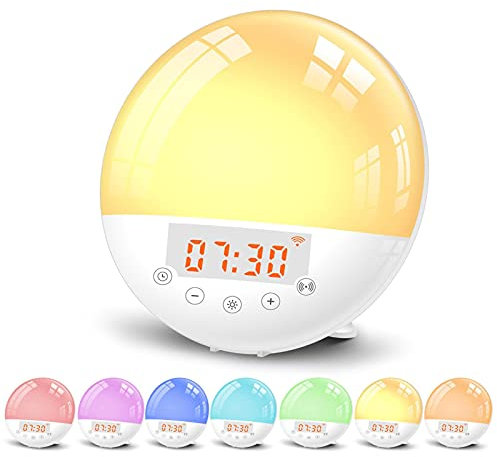 Reloj Despertador de Amanecer, Trabajo con luz de Despertador Inteligente, Despertador Digital de Ayuda para Dormir con simulación de Puesta de Sol, repetición de Alarma (7 Colores)