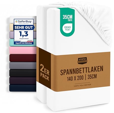 Utopia Bedding Lot de 2 Drap Housse - Blanc, 140 x 200 cm | Bonnets 35 cm pour Matelas épais - Certifié Oeko-Tex - Polyester Microfibre brossée