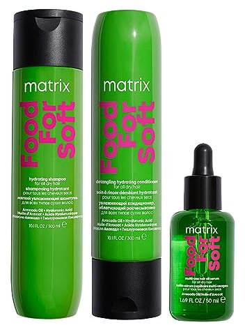 Matrix Food for Soft Hydrating shampoo 300ml, detangling conditioner 300ml and hair oil 50ml, infused with avocado oil and hyaluronic acid, for dry hair, trio