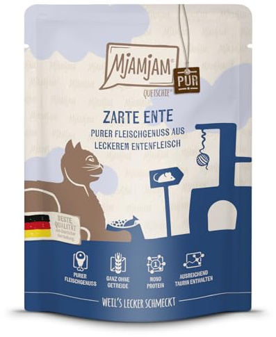 MjAMjAM - Nourriture humide premium pour chats - Quetschie - délice pure viande - viande de canard savoureuse à l’état pur, 1 paquet (1 x 300g), sans céréales avec un supplément de viande