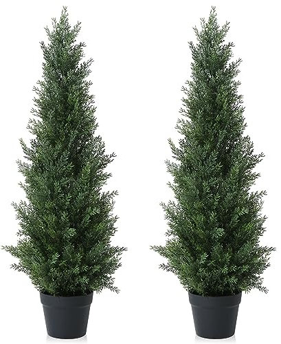 CROSOFMI Artificial Plants Outdoor 95 cm Fake Cedar Tree Large Faux Plants With Plastics Pots for Garden Front Porch Decoration (2 Pack)