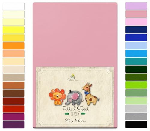 Soft Dream Spannbettlaken 80x160 cm Puderrosa - 100% gekämmte Baumwolle Jersey - Premium Qualität - Spannbetttuch für Kinderbett Juniorbett - OekoTex Zertifiziert - Made in EU - 80x160cm Puderrosa