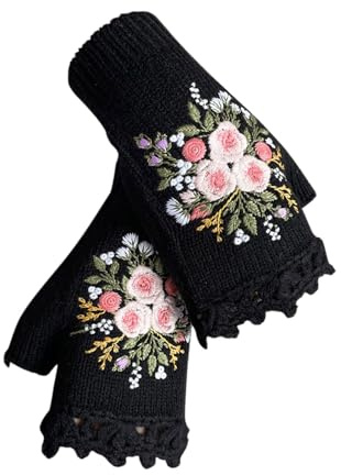 Mitaine Femme Hiver Chaud, Gants d'Hiver Épais Tricotés Arm Chauffants pour Femme, Moitié-Doigt Chics y2k Thermiques, Cadeaux Brodés à La Main