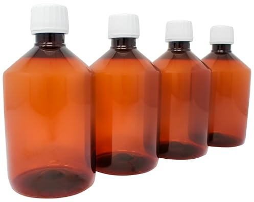 Aromhuset 4 x bruna 500 ml laboratorieflaskor av PET med vitt skruvlock | flytande flaska | pet-flaska | Plastflaska brun, för kosmetika, livsmedel och vätskor, 4-pack