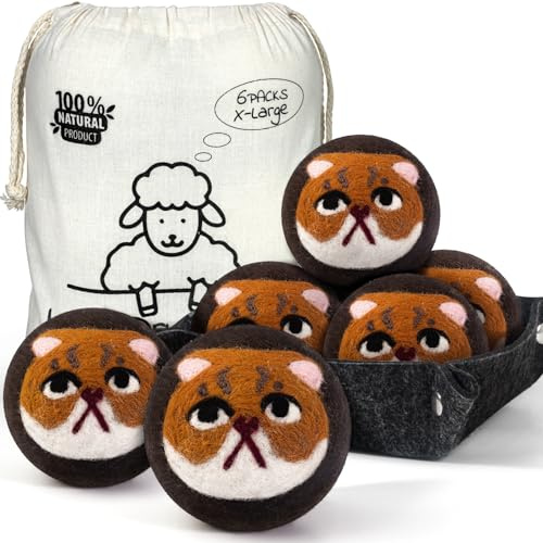 Palline di lana per asciugatrice, riutilizzabili, confezione da 6 palline di lana XL Carfield per asciugatrice, palline riutilizzabili per ammorbidente, palline per asciugatrice con supporto in feltro