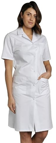 Blouse Blanche Manche Courte 100% Coton Femme Fermeture Pression médicale Industrie agroalimentaire 3 Poches intérieures (FR/ES, Alpha/Lettres, L, Taille Normale, Taille Normale, Blanc)