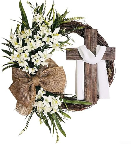 Påskkrans med korskrans, påskkransdekor för ytterdörren, konstgjord krans med linnerosett och blomvinrankor för påsk, hem, vägg, bröllopsdekoration (A)