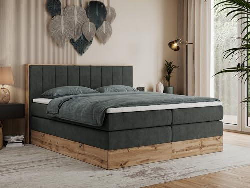 MKS MEBLE King Boxspringbett 200x200 Mit Bettkasten Eiche, Polsterbett Mit Matratze H4, Bett Mit Rahmen in Wotan Eiche und Kopfteil - Dunkelgrau Struktur - Bellissimo King