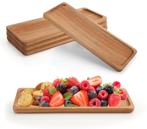 YKUKIZEE 4 Pack Wooden Boards for Serving Food 29x11cm, Acacia Wood Charcuterie Serving Platter with Raised Edge, Rectangular Wooden Serving Plate for Appetizer Breakfast Coffee Tea Sushi Fruit