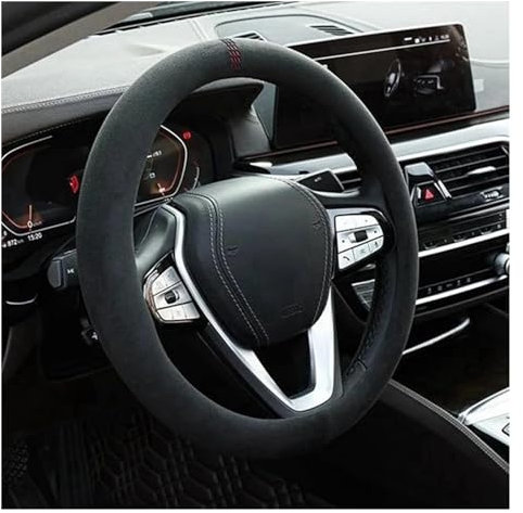 Cubiertas Volante Cubiertas para Volante Coche Cubierta Gamuza De Piel De Vaca Envoltura Universal Fundas De Dirección Transpirables De 37-38cm Funda Volante(O Black)