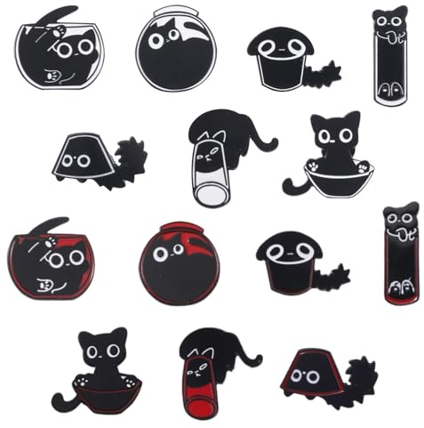NXPWRC 14 Pieces of Cat Brooches, Cute Cartoon Badge Pins, Cute Pins, Alloy Black Cat Brooches, Cartoon Animal Brooches