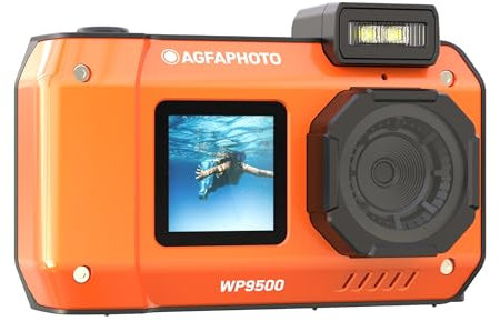 AgfaPhoto Realishot WP9500 - wasserdichte Digitalkamera, 7m wasserdicht, 24 MP, Digitaler Zoom, 4K Video, Doppelbildschirm 2,9”/1,4” - Orange