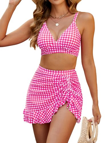 Blooming Jelly Women's High Waisted Bikini Sets Tummy Control Bathing Suit Two Piece Swim Suit 2026 Retro Swimsuit(Pink White Plaid,Medium)