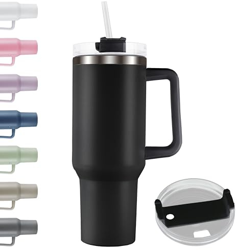 Termosmugg med handtag | sugrör | rostfritt stål | resemugg med isoleringsskikt | kaffemugg dubbelvägg (svart)