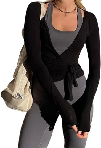 HzDazrl Damen-Wickeloberteil für Yoga, Tanz, Langarm-Shirt, Kreuz-Wickeln, V-Ausschnitt, schmales T-Shirt, Tunika, Tops, Workout-Bluse, Schwarz , S