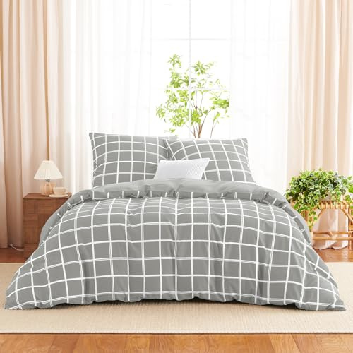 WAVVE Bettwäsche 155x220 3teilig Bettbezug Mikrofaser Bettwäsche-Sets 155 x 220 cm mit 2 Kissenbezüge 80x80cm, ÖKO-TEX, Wendebettwäsche Bedding Grau Karomuster Muster mit Reißverschluss