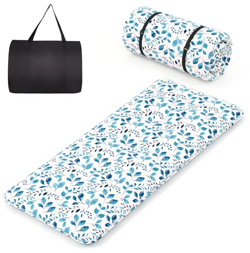 COSTWAY Matelas Futon Portable Pliable, Matelas Futon Japonais 90 x 200 cm, Housse Lavable, Matelas de Sol avec Sac de Transport, pour Le Camping, Les Voyages, d'Invités, Feuilles Bleu