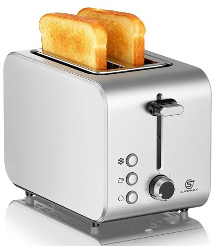 SUPERLEX Toaster 2 Scheiben Doppelschlitz Toaster Edelstahl Mit Brötchenaufsatz 7 Bräunungsstufen Auftau Aufwärm Funktion Automatischer Auswurf 850W Kompakt Design Leicht Reinigen Edelstahl Matt