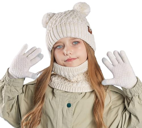MAZELIKEHOOD 3Pcs Girls Winter Scarf Gloves Hat Set Thick Warm Soft Knit Accessories Sets for Boys for Children 4-10 Years