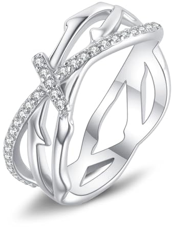 URONE Dornkronring i sterlingsilver med Jesus-taggkors religiöst smycke för kvinnor, 54(17.3mm), Ädelmetall, Ingen ädelsten