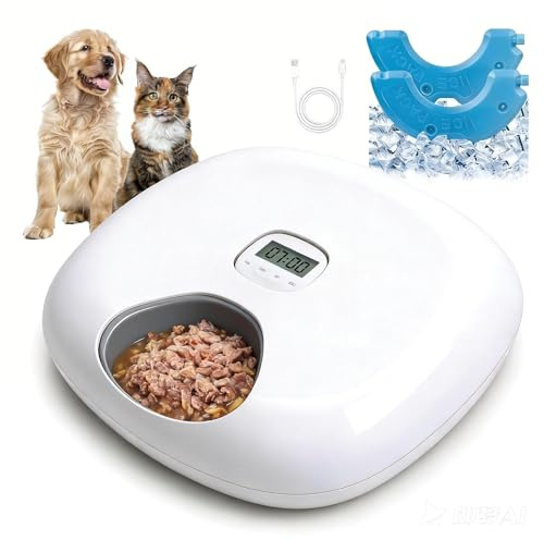Pet Prime 6-Cell Automatic Cat Feeder with 2 Ice Packs Timed Wet/Dry Food Dispenser for Dog Rechargeable Pet Food Bowl with Timer (White-Auto Feeder with 2 Ice Packs)