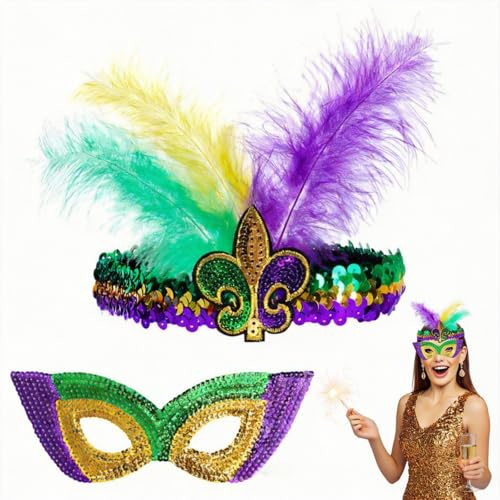 WANGHONGGOGO 2pcs New Orleans Feather Headpiece Mask, Carnival Mask, Masquerade Prop, Halloween Feather Mask, Holiday Party Costume World Book Day Accessory, Unisex