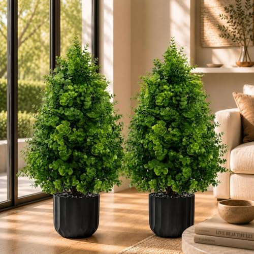 2PACK Artificial Boxwood Topiary Trees Oudoor Indoor in Pot,70CM Potted Faux Shrubs Plants with Planter,Fake Tree Evergreen Artificial Plants,Wood Trunk for Front Porch Garden Room Decor