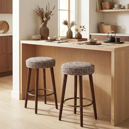 younturn Set of 2 Chenille Bar Stools, 68cm Counter Height Upholstered Kitchen Bar Chairs with Solid Wood Legs, Modern Kitchen Island Stools for Breakfast Counter, Dining Room, Home Bar, Brown