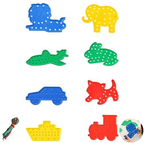 shweehon 8 PCS Threading Toys, Transportation and Animal Shapes Lacing Cards with Lines, Animal & Transport Threading Boards, for 3+ Years Old Boy or Girl, Early Learning Game