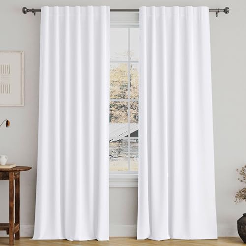 Turquoize White Curtains 96 Inch Long Room Darkening Curtains for Living Room Thermal Insulated Back Tab Rod Pocket Window Treatment Panels Drapes for Bedroom, 52 W x 96 L, Pure White