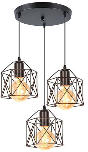 iDEGU Lampadario a sospensione Vintage, 3 Luci Lampade a Sospensione E27 in Metallo Ø15 Gabbia Design Esagono Retrò Lampada da Soffitto per Camera da Letto, Cucina, Sala da Pranzo (25cm Base, Nero)