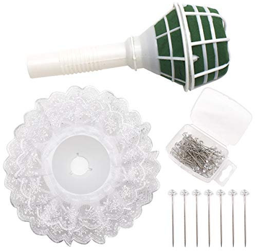 Jicyor Bouquet de Mariée en Mousse, Support de Bouquet de Mariée Poignée Blanche Plastique avec 50 Pièces Épingles à Fleurs Clair Forme de Diamant