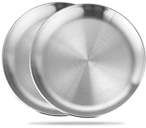 2 runde Teller aus Edelstahl, dekorativ, rund, Serviertablett, Grillplatte, für Küche, Esszimmer, Camping, Party, 20 cm (Silber)