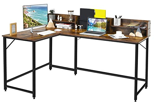 COSTWAY Escritorio en L de 166 cm, Mesa L con Estante para Libros, Estructura de Acero Duradera, Escritorio Esquinero para Ordenador 166 x110 x 76cm (café)
