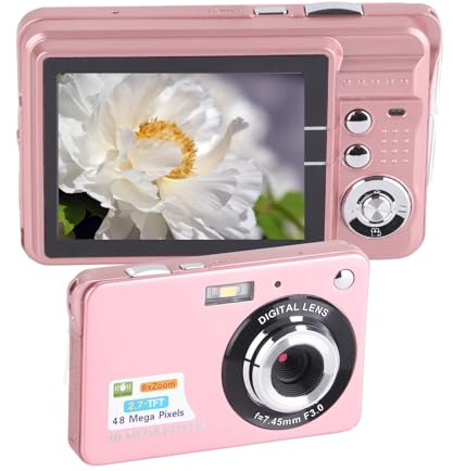 Digitalkamera för Tonåringar, 4K 48 MP Ultra HD Point and Shoot-kamera, 2,7-tums LCD-uppladdningsbar Studentkompaktkamera med 8x Digital Zoom, Minivloggningskameror Present för (Rosa)
