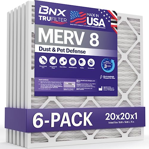 BNX TruFilter 20 x 20 x 1 luftfilter MERV 8 (6-pack) - TILLVERKAD I USA – damm- och husdjursförsvar, elektrostatisk veckad luftkonditionering, HVAC ugnsfilter för damm, husdjur, form, Pollen, MPR 600
