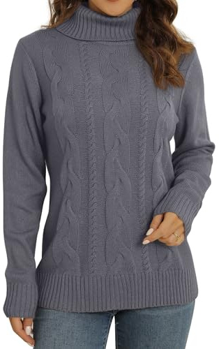 QIXING Maglione da donna a collo alto lavorato a maglia a coste a maniche lunghe da donna UK maglione da donna lavorato a maglia grossa, Grigio scuro, XL