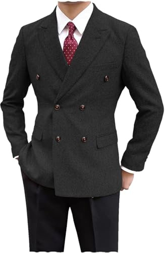 Tiavllya Men's Tweed Herringbone Suit Blazer Formal Slim Fit Wool Jacket Double Breasted Sports Coat （42, Black）