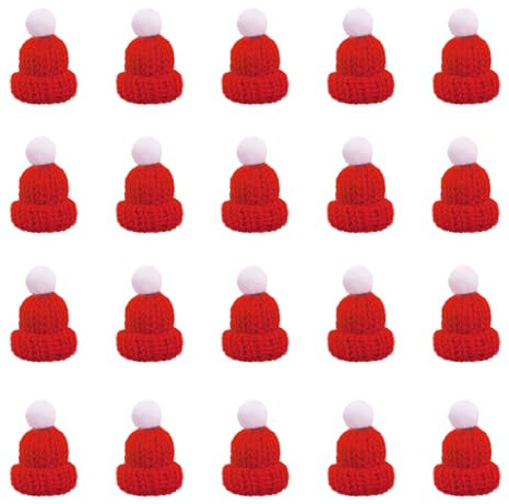 SKHAOVS 20 PCS Mini Gorros de Papá Noel,Mini Gorros de Punto de Navidad,Mini Gorros de Dedo de Punto,Mini Gorros de Bricolaje,Mini Accesorios de Decoración para Navideña Fiesta (Rojo)