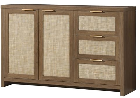 OAKHAM HOME Kitchen Storage Cabinets, Buffet Cabinet with Storage Rattan Sideboard Cabinet Organizer 3 Drawers and 2 Doors Accent Console Table for Kitchen Hallway Living Room bar (Special Walnut)