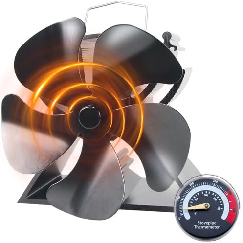 HAWCAFU Mini ventilateur de poêle à bois à 5 pales de 12,5 cm avec thermomètre de poêle, petit ventilateur pour petit espace sur bois/brûleur à bûches/cheminée