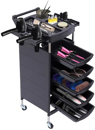 Equipo de carrito para salón de belleza, carro con bandeja para peinado y almacenamiento, puede ser utilizado en salones de belleza, peluquerías, hospitales e instalaciones sanitarias, negro