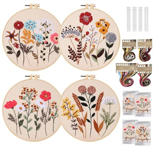 Kit de broderie pour débutants, 4 pièces florales, avec cadre et fils multicolores