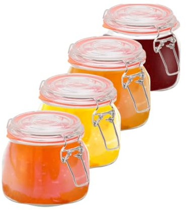 MA MAISON Set 4 Barattoli con Chiusura a Leva e Anello in Gomma 0.5 Millilitri Multiuso - Adatto per, Confetture, Marmellate, Conserve, Frutta, Yougurt, Spezie - in Vetro 8x6h cm