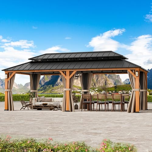Modern Shade The Horizon Permanent Hardtop Gazebo 12' x 24' with 4 LED Lights, Outdoor Gazebo w/Galvanized Steel Double Roof, Patio Pavilion w/Decor Hooks, Mosquito Netting and Curtains, Wood Grain