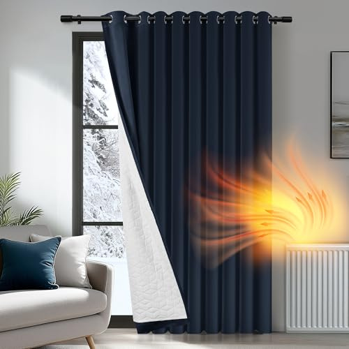 Deconovo Lot de 1 Rideau occultant, Opaque, avec Volants, Thermique, pour Chambre à Coucher, Salon, Isolation Thermique Dos Blanc, 300L X 245H cm (1 Panneaux) Bleu Marine