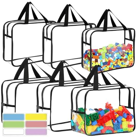 6PCS Toy Storage Bags, Clear Waterproof Toy Organizer Bags with Labels, Suitable for Storing Building Blocks, Puzzles, Stationery, and Books (6PCS Black L: 11.8 * 8.66 * 3.9Inch)