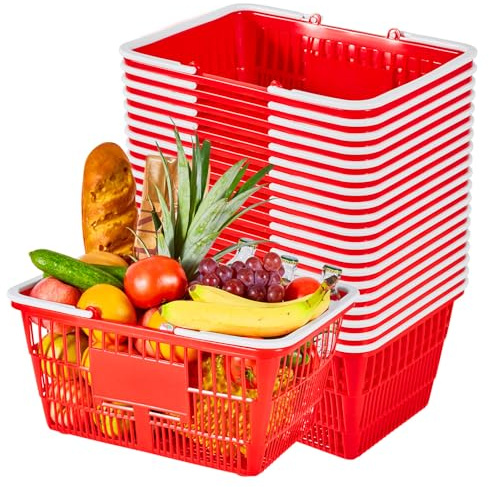 VEVOR Shoppingkorgar, 20 st, 21 L stapelbara livsmedelskorgar i PE-plast med handtag, tät nätstruktur, rymmer upp till 9,07 kg, bärbar för mataffär, detaljhandel, butiker, stormarknad, hemmabruk, röd