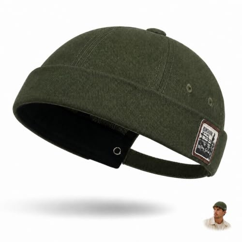Men's Olive Green Cotton Brimless Docker Cap - Rolled Cuff Beanie Hat, Breathable Skull Cap, Adjustable Back Strap, Foldable Sailor Hat, Casual Headwear for Daily Wear, Walking, Outdoor